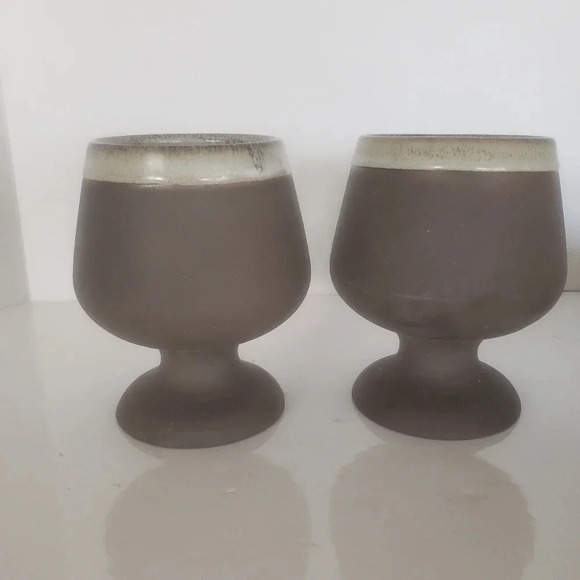 Vintage Green Earth Brown with Glazed brown/Green Rim Clay Wine Goblets. - Picture 1 of 8